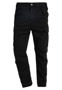 Zwarte cargo broek met meerdere zakken, knoop- en ritssluiting, elastische boorden, ontworpen voor casual of utiliteitskleding.