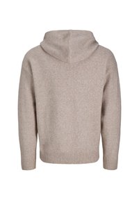 Sudadera con capucha en beige claro, hecha de una tela suave. Presenta un dobladillo y puños acanalados. La vista trasera muestra una textura lisa y sin adornos.