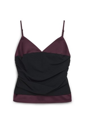 Débardeur sans manches avec un décolleté en V profond, design bicolore en bordeaux et noir, avec une texture drapée et une finition satinée lisse.