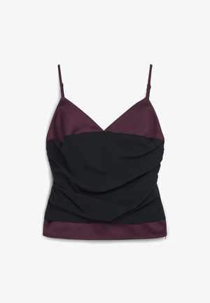 Top senza maniche con scollo a V profondo, design bicolore in bordeaux e nero, con texture drappeggiata e una finitura in satin morbido.