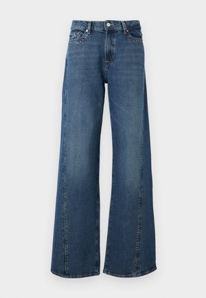 Wide-leg jeans in dark blue denim. Features silver stud accents on front pocket area, classic five-pocket design, and button closure.