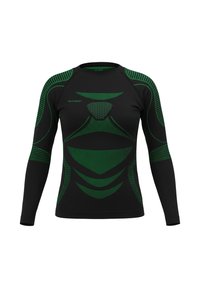 Black long-sleeve athletic shirt with green striped and dotted patterns. Features a round neckline and fitted design.