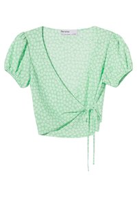 Top avvolgente verde floreale con maniche corte a sbuffo, realizzato in tessuto leggero. Presenta una chiusura a legatura in vita e un design a profonda scollatura a V.