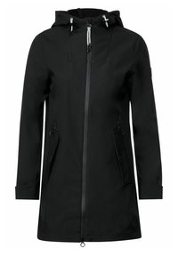 Černá bunda s kapucí na zip, dvěma bočními kapsami a mírně prodlouženým zadním dílem. Hladká, matná látka s minimem detailů.