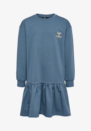 Modrá dlouhá šatová šaty s ribbovaným vrškem a rozšířenou, nabíranou sukní. Na hrudi se nachází zlaté logo a manžety jsou elastické.