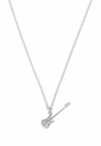 Collana d'argento con un pendente a forma di chitarra. Il pendente presenta delle corde dettagliate e un design del corpo, appeso a una catena ad anelli.