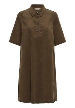 Brun cordfläckad klänning med krage, korta ärmar och knapplist; har en avslappnad, A-linjeform och sidospalter.