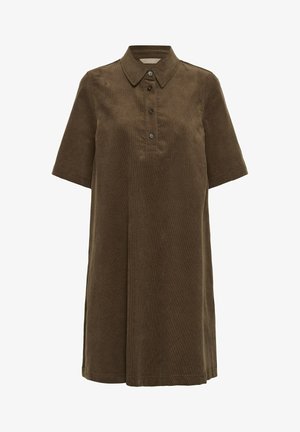 Hnedé kordové šaty so golierom, krátkymi rukávmi a radom gombíkov; majú voľný, A-čkový strih a postranné rozparky.