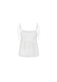 Witte mouwloze top met verstelbare strikbanden, voorzien van verfijnde borduursels aan één zijde en een vloeiende, ge gathered zoom. Zachte stof textuur.