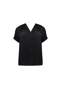 Top nero a maniche corte con scollo a V, realizzato in tessuto morbido e texturizzato, con delicate pieghe sulle spalle che creano una vestibilità rilassata.