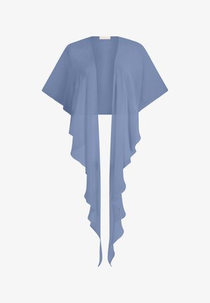 Cardigan azzurro chiaro con apertura frontale, maniche corte larghe e pannelli frontali lunghi e asimmetrici drappeggiati.