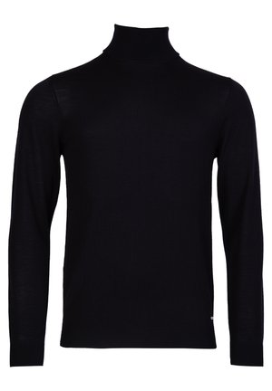 Schwarzer Rollkragenpullover aus weichem, dehnbarem Strickstoff. Verfügt über lange Ärmel und ein enganliegendes Design mit einem gerippten Kragen.