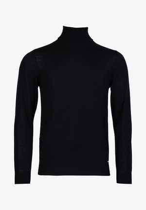Schwarzer Rollkragenpullover aus weichem, dehnbarem Strickstoff. Verfügt über lange Ärmel und ein enganliegendes Design mit einem gerippten Kragen.