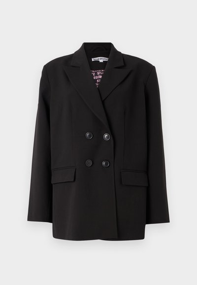 Black double-breasted blazer featuring a notched collar, two front pockets, and textured fabric with buttons at the closure.