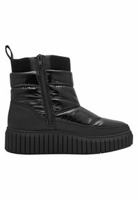 Bottines montantes noires avec une finition brillante et rembourrée, dotées d'une fermeture éclair sur le côté et d'une semelle texturée striée pour une meilleure traction.