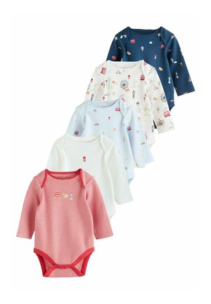 Cinco body-uri cu mânecă lungă în culori variate: bleumarin cu modele, alb, albastru deschis și roșu cu dungi și accente. Material din bumbac, cu închideri cu nasturi.