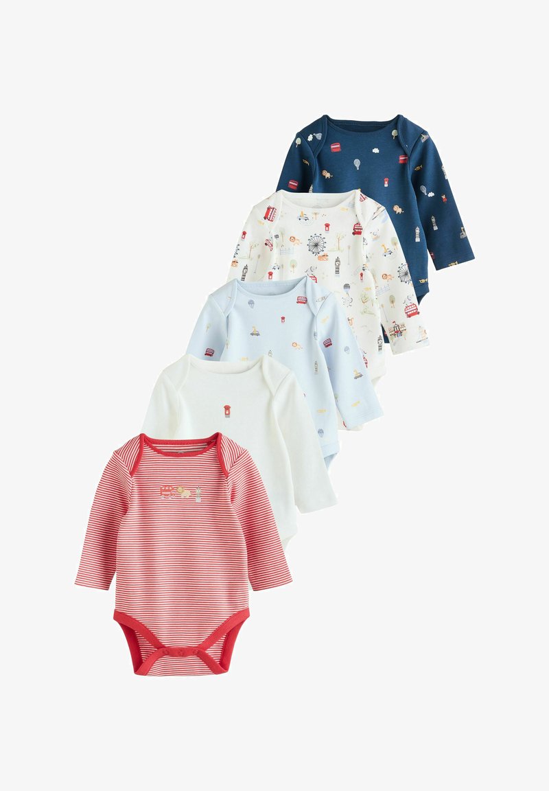 Penki ilgomis rankovėmis bodžiai įvairių spalvų: tamsiai mėlynas su raštais, baltas, šviesiai mėlynas ir raudonas su juostelėmis ir akcentais. Medvilnės medžiaga, užsegimai su snapeliais.