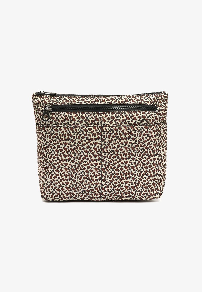 Leopard-print fabric pouch with a zip closure, featuring a textured surface, dark zipper accents, and a compact rectangular shape.