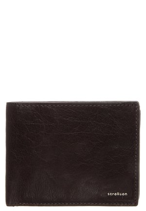 Brown leather wallet with a textured surface, bi-fold design, and a subtle logo. Features multiple card slots and a compact shape.