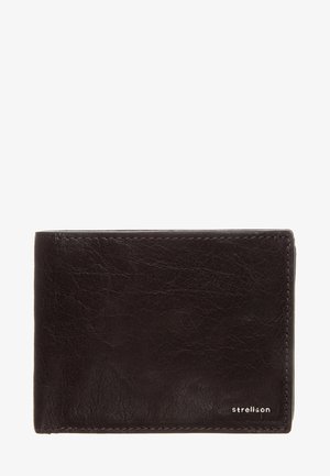 Bruine leren portemonnee met een gestructureerd oppervlak, opvouwbaar ontwerp en een subtiele logo. Bevat meerdere kaartsleuven en heeft een compact formaat.