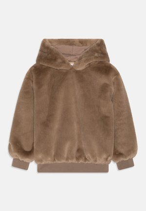 Veste à capuche en fausse fourrure marron avec poignets et ourlet côtelés, présentée à plat sur un fond clair.
