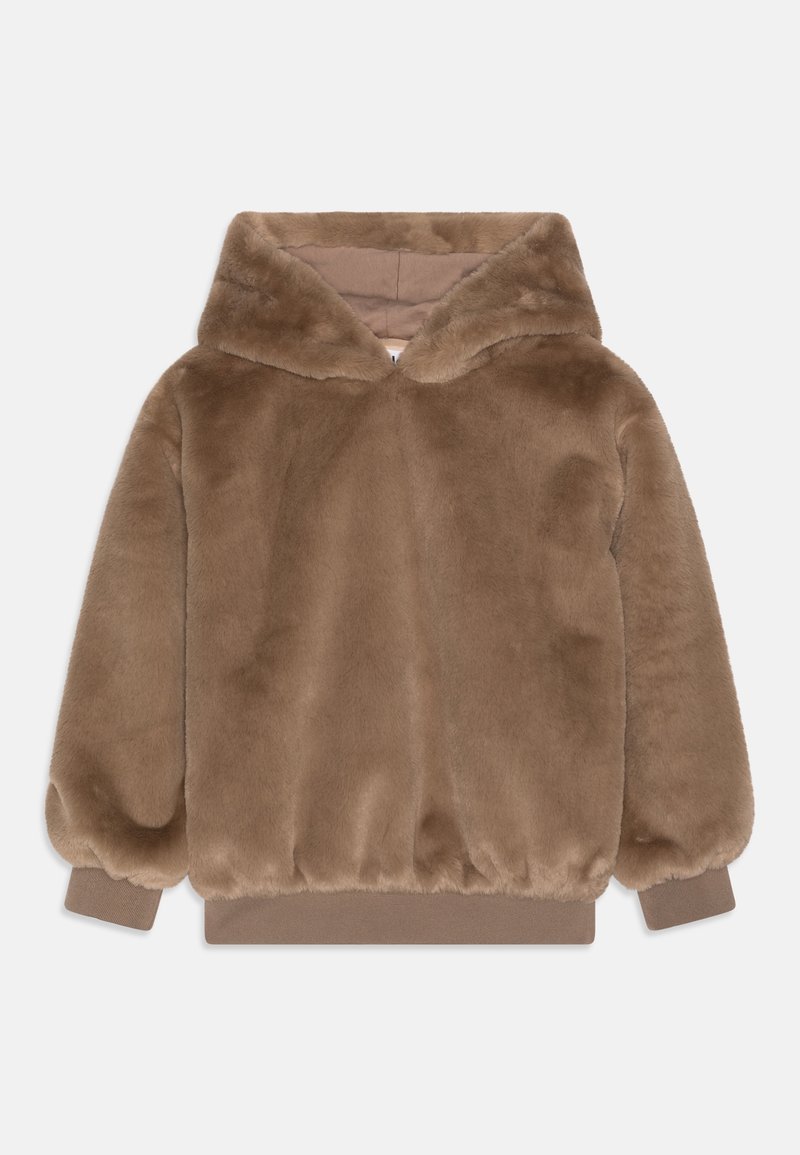 Veste à capuche en fausse fourrure marron avec poignets et ourlet côtelés, présentée à plat sur un fond clair.