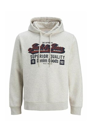 Světle šedá mikina s kapucí a přední klokaní kapsou, stahovací kapucí a černo-červeným grafickým textem "Jack & Jones Superior Quality Denim Goods."