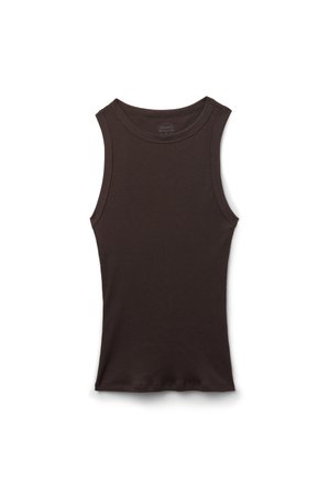Ärmelloses, schwarzes, geripptes Tanktop mit rundem Halsausschnitt, flach auf weißem Hintergrund präsentiert.