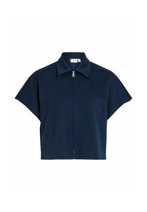 Navy plava jakna s kratkim rukavima i patentnim zatvaračem, širokim ovratnikom i opuštenim krojem, dizajnirana za ležerno nošenje.