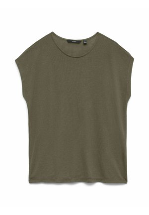 Krótkie rękawy damskiej bawełnianej koszulki w kolorze oliwkowej zieleni z okrągłym dekoltem i luźnym krojem, ułożona na płasko na białym tle.