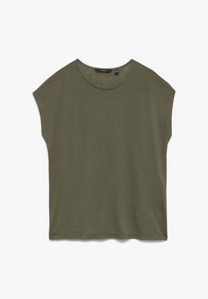 Krótkie rękawy damskiej bawełnianej koszulki w kolorze oliwkowej zieleni z okrągłym dekoltem i luźnym krojem, ułożona na płasko na białym tle.