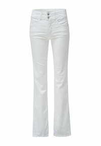 Jean évasé blanc en denim, avec une taille haute, deux poches avant et deux boutons en métal à la taille. Texture lisse.