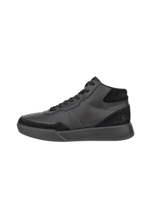 Sneakers alte nere con un mix di pelle e suede, design perforato sulla punta, suola in gomma spessa e chiusura con lacci.