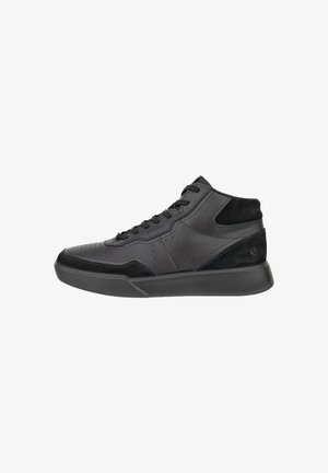 Black high-top sneakers featuring a mix of leather and suede, perforated design on the toe, thick rubber sole, and lace-up front.
