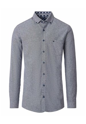 Gray button-up shirt with a textured fabric, long sleeves, a chest pocket, and a patterned navy inner collar. Dark blue buttons.