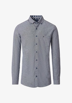 Szary koszula z długim rękawem, wykonana z teksturowanej tkaniny, z kieszenią na piersi i wzorzystym granatowym kołnierzykiem wewnętrznym. Ciemnoniebieskie guziki.