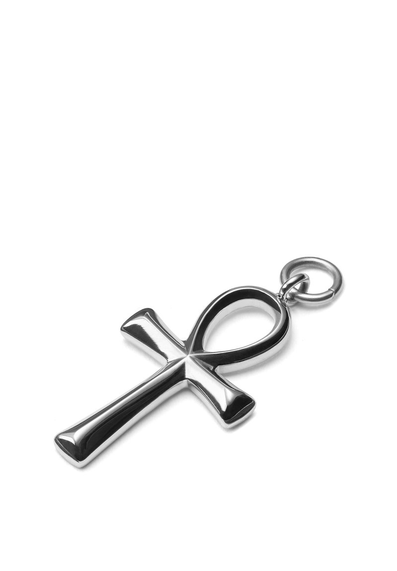 Sølv metal ankh vedhæng, med en poleret finish, en løkke øverst og en distinkt korsform med afrundede kanter.