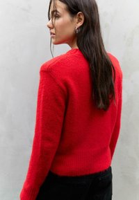 Maglione rosso con finitura testurizzata, caratterizzato da un collo rotondo e orlo a coste. Maniche lunghe, abbinato a pantaloni neri, su uno sfondo chiaro.