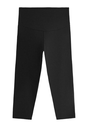 Legging noir taille haute et court, avec une large ceinture et sans motifs ni logos visibles, sur un fond blanc.