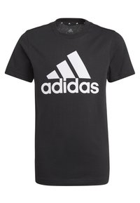 T-shirt in cotone nero con un grande logo bianco Adidas sul davanti. Collo rotondo e maniche corte con una vestibilità regolare.