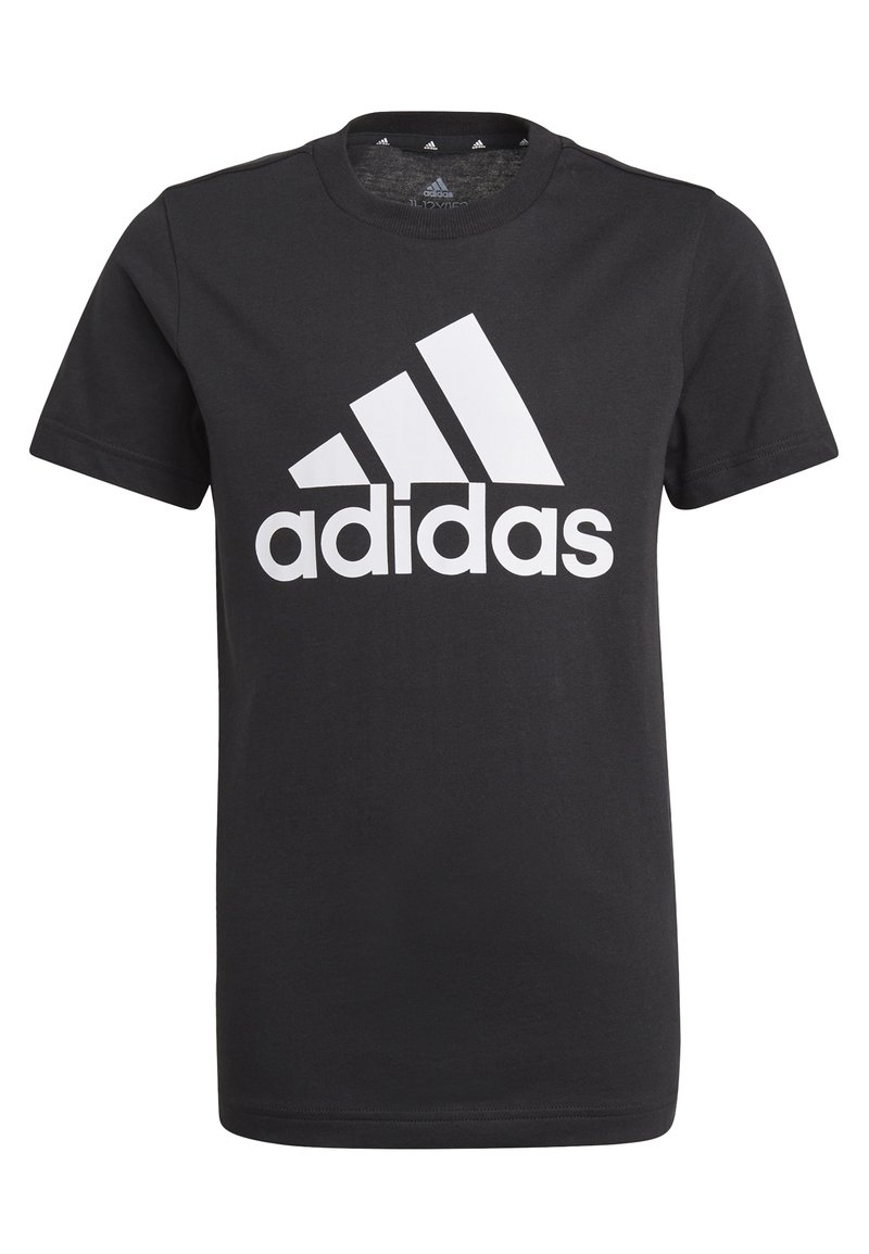 T-shirt in cotone nero con un grande logo bianco Adidas sul davanti. Collo rotondo e maniche corte con una vestibilità regolare.