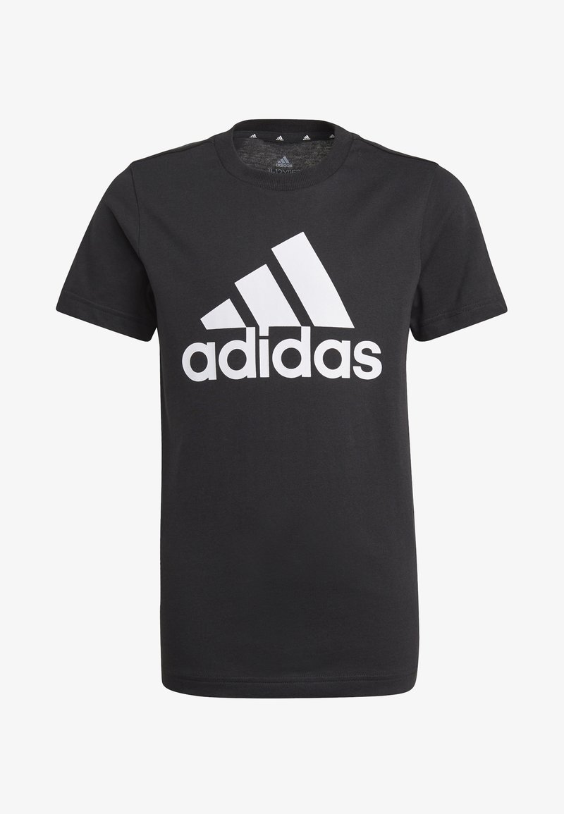 T-shirt in cotone nero con un grande logo bianco Adidas sul davanti. Collo rotondo e maniche corte con una vestibilità regolare.