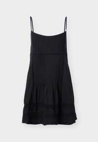 Μαύρο αμάνικο φόρεμα με λεπτές τιράντες, κάθετες πιέτες στα πάνω και μπροστινά τμήματα, και οριζόντιες δαντέλες κοντά στο τελείωμα.