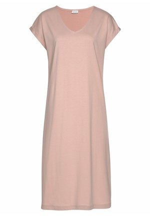 Light pink cotton dress with a V-neck, short sleeves, and a loose fit, falling just above the knee. Smooth texture; simple, solid design.