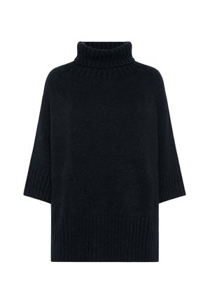 Black knitted half-sleeve turtleneck sweater with ribbed collar, cuffs, and hem, displayed on a white background.