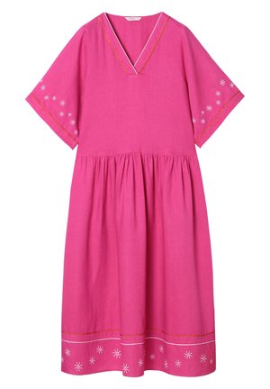 Pink cotton dress with a V-neck, short sleeves, and embroidered white star patterns. Features a gathered skirt and contrasting trim.