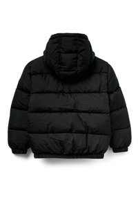 Giacca a vento nera con cappuccio, caratterizzata da un motivo trapuntato, polsini elastici e orlo arricciato per una vestibilità aderente. Materiale in nylon liscio.