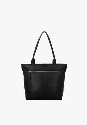 Bolso tote de cuero negro con dos correas para el hombro y un bolsillo delantero con cremallera horizontal, diseño simple y elegante.