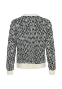 Sweter dzianinowy w czarno-białym wzorze geometrycznym. Posiada okrągły dekolt oraz ściągacze przy mankietach i hemie. Miękka tekstura.