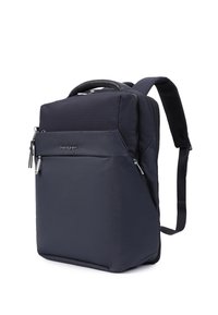 Sac à dos Hedgren noir avec bretelles rembourrées, plusieurs compartiments zippés et une poignée supérieure pour le transport.